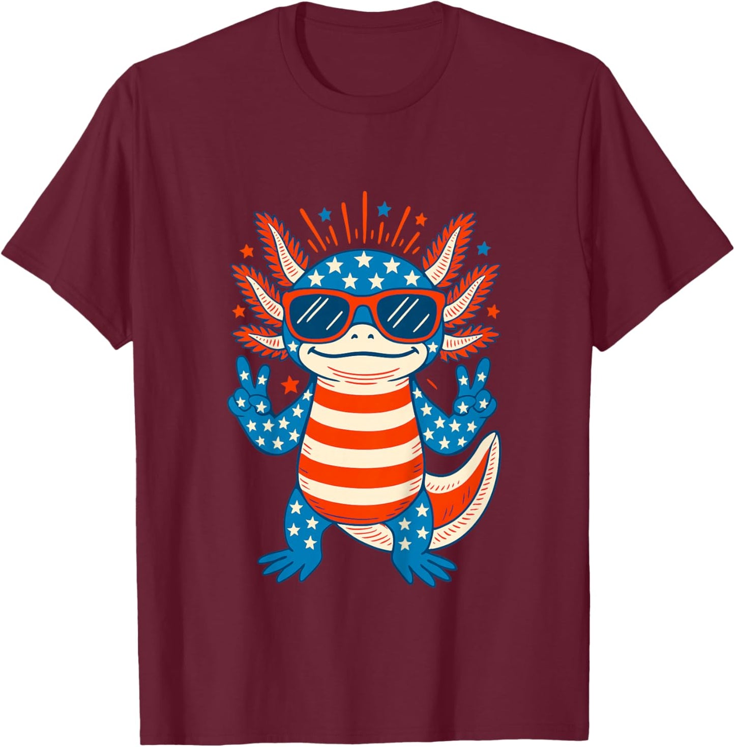 Kids Cute Axolotl 4th of July Red White Blue American Flag Kids T-Shirt - T-Shirt | Maroon