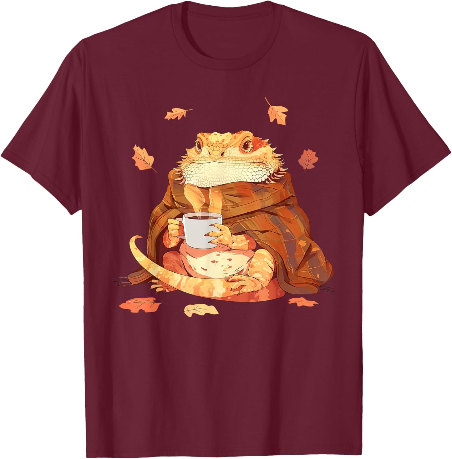 Cute Bearded Dragon In Blanket Drink Coffee Pumpkin Fall T-Shirt - T-Shirt | Maroon