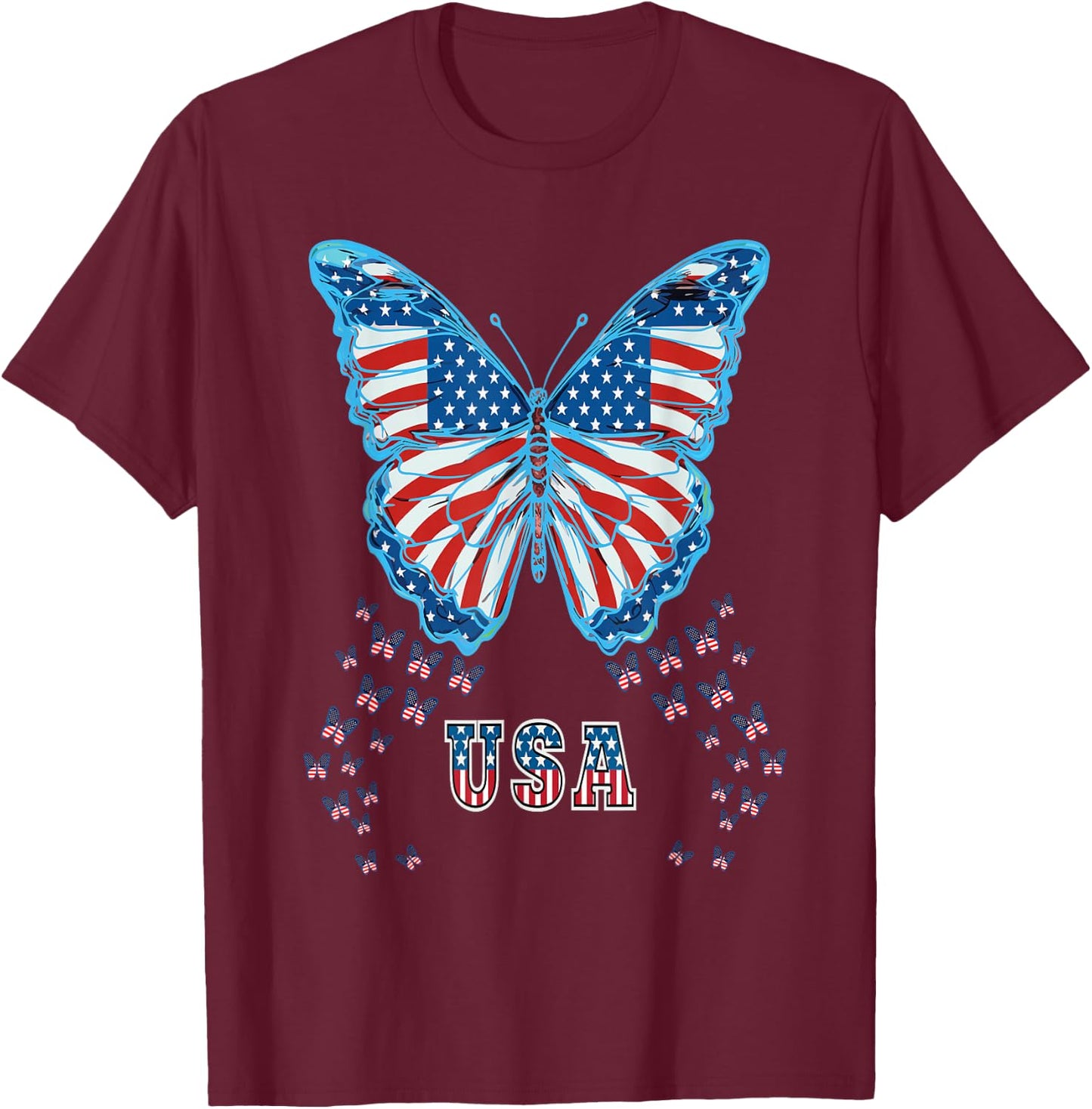 Butterfly USA Flag Cute 4th Of July Funny American Girl Gift T-Shirt - T-Shirt | Maroon