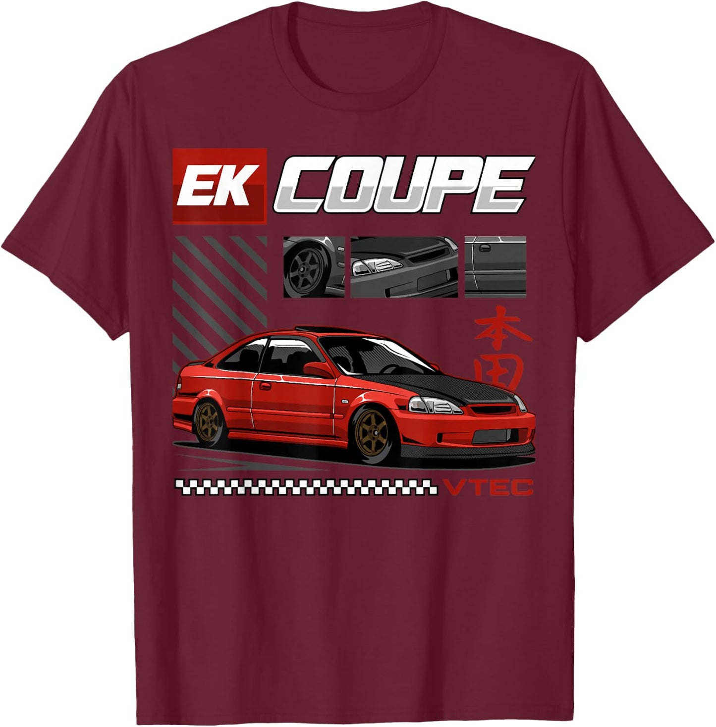 Civic EK Coupe Type R Japanese Car , Small, Black T-Shirt - T-Shirt | Maroon
