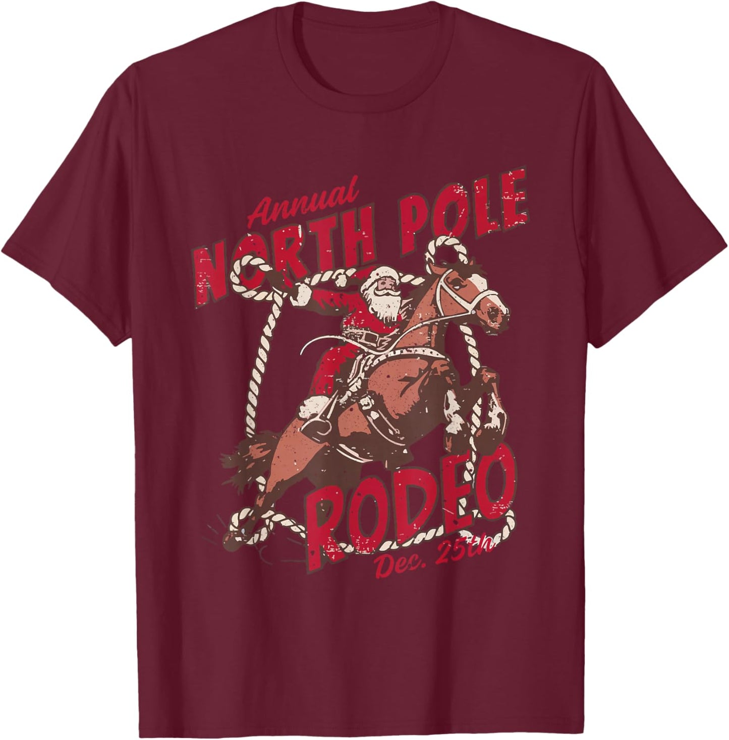 Retro Funny Western Christmas Santa Claus North Pole Rodeo T-Shirt - T-Shirt | Maroon