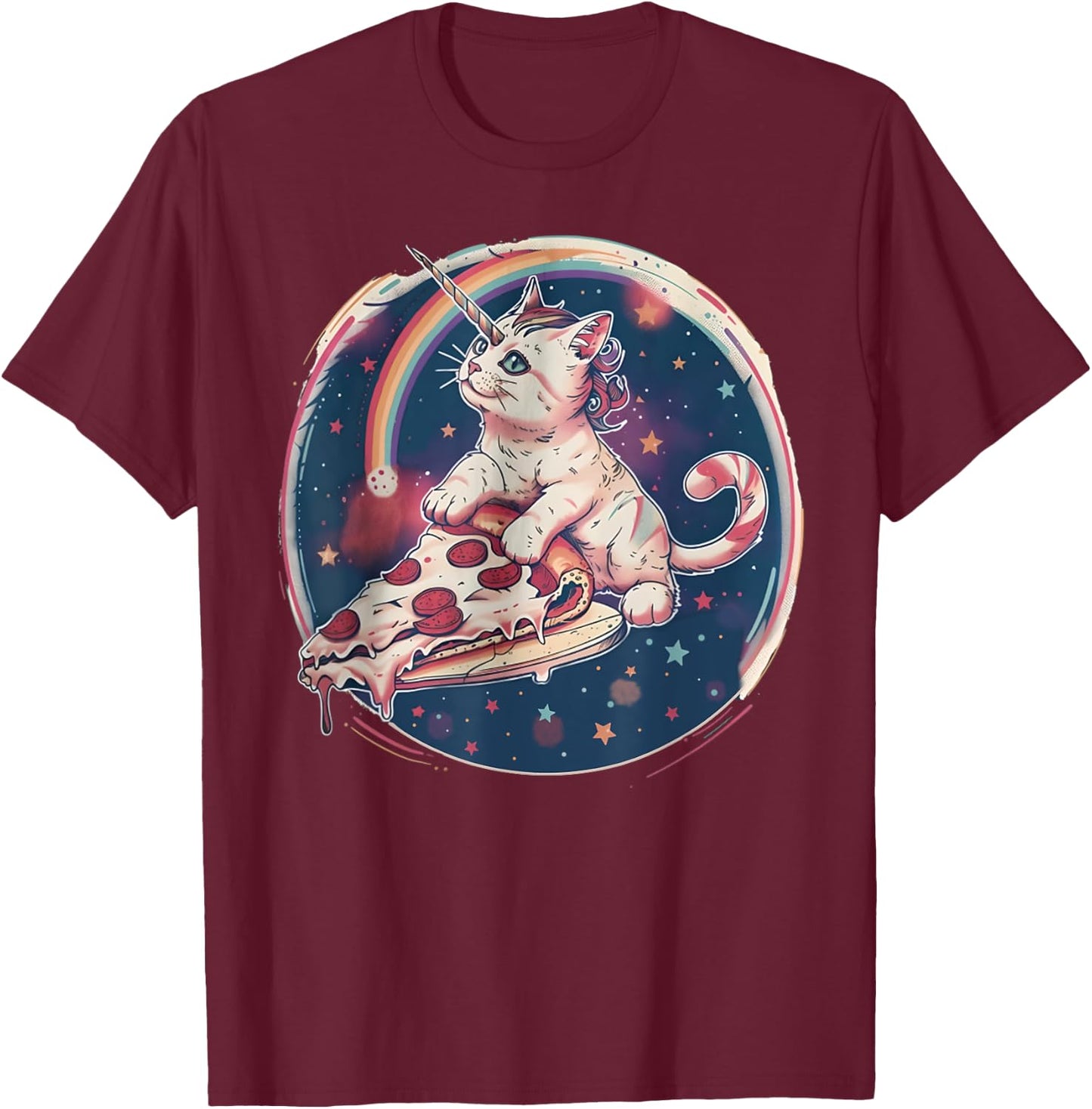Funny Uni-Cat Flying A Pizza Unicorn Kitten Space Cats Lover Men Women Kids T-Shirt - T-Shirt | Maroon