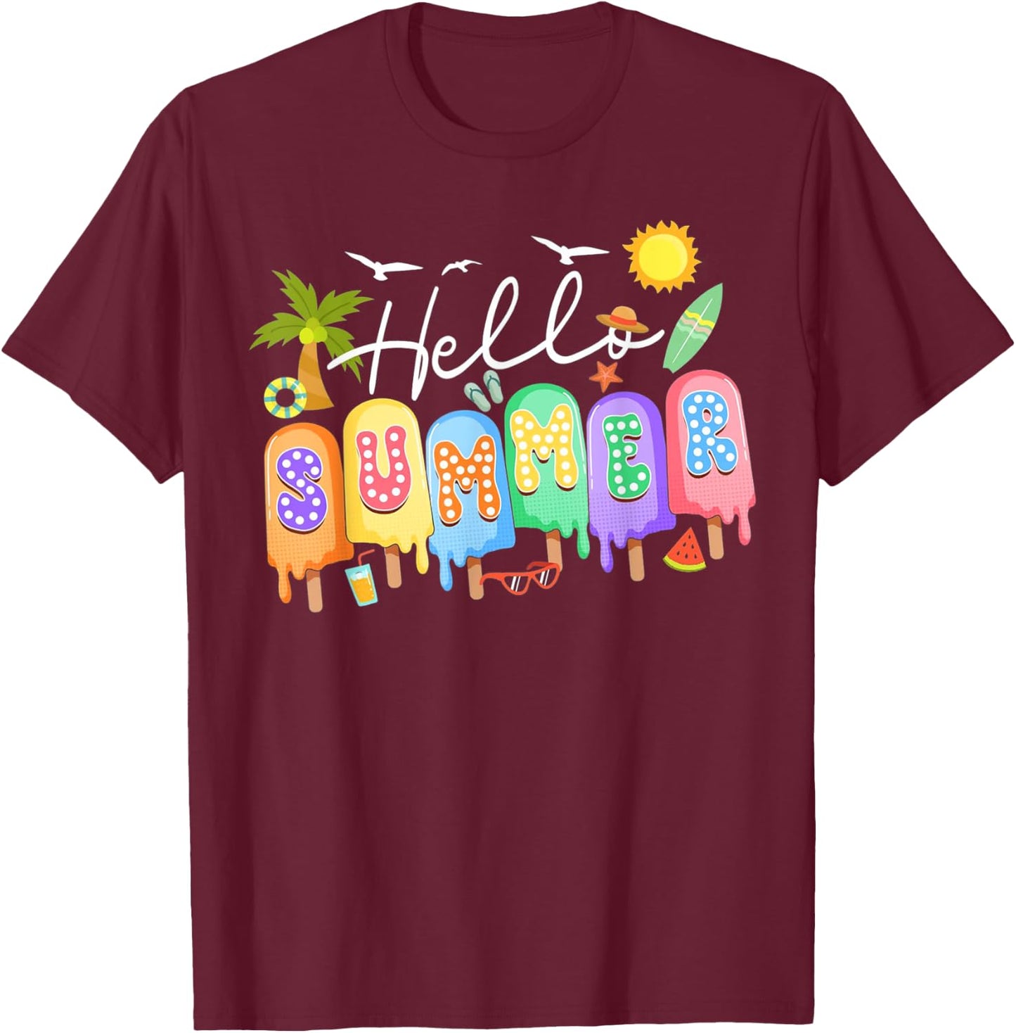 Hello Summer Vacation Ice Cream Popsicle Ice Lolly Summer Men Women Kids T-Shirt - T-Shirt | Maroon