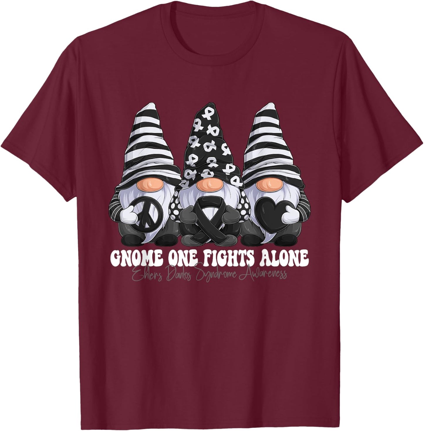 Ehlers Danlos Syndrome Awareness Month Zebra Ribbon Gnomies T-Shirt - T-Shirt | Maroon