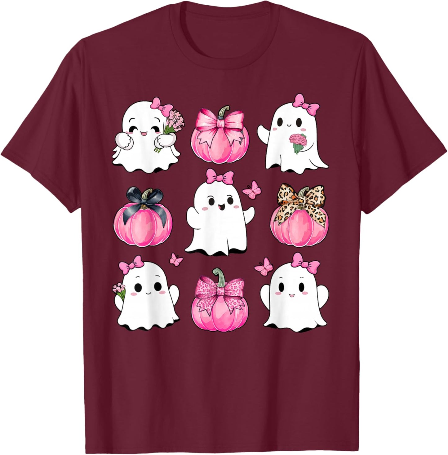 Cute Ghost Florals Pink Coquette Bows Pumpkins Halloween T-Shirt - T-Shirt | Maroon