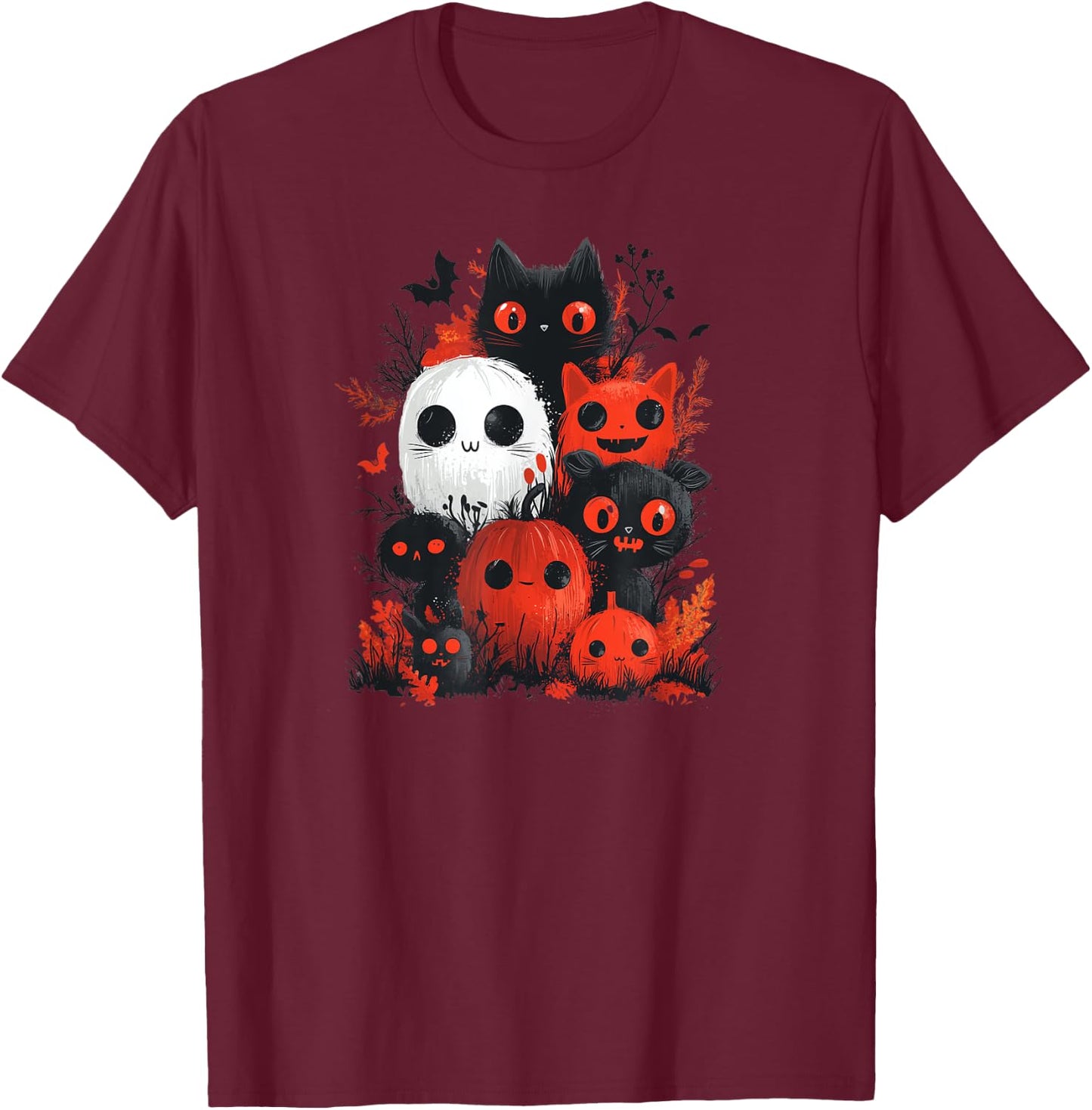 Halloween Black Cats and Red Ghost Fun for Kids and Adults T-Shirt - T-Shirt | Maroon