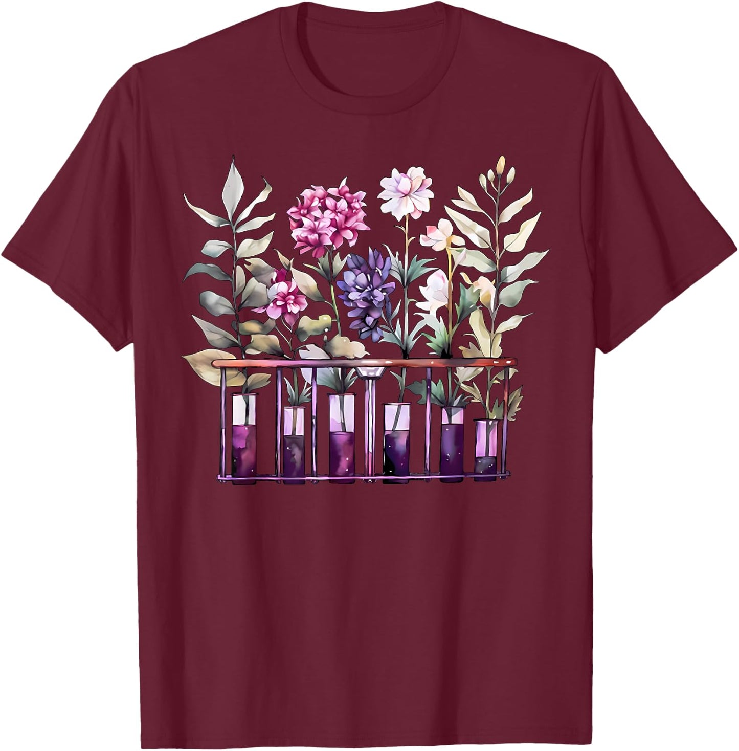 Chemistry Lab Science Flower Teacher Floral Beakers T-Shirt - T-Shirt | Maroon