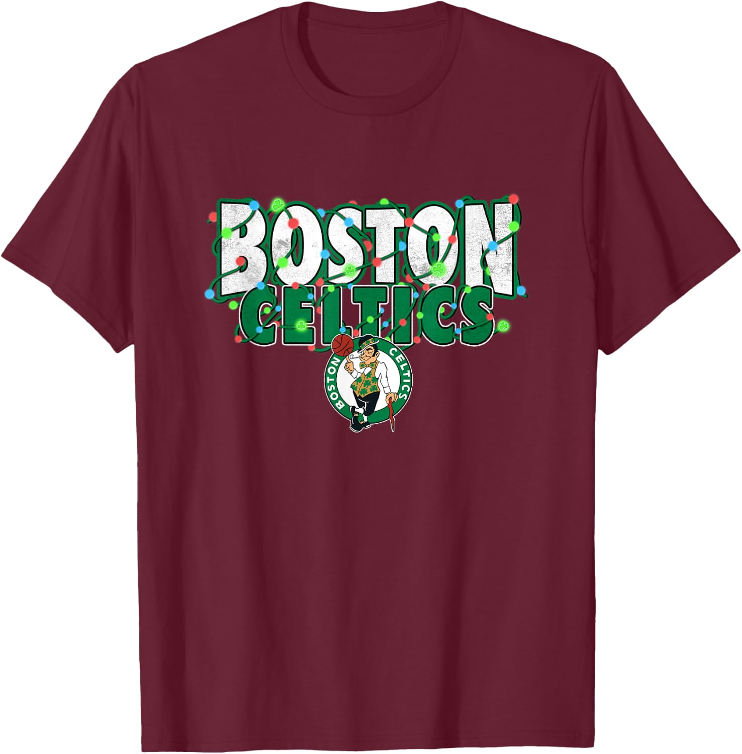 NBA Boston Celtics Christmas Lights Holiday Logo T-Shirt - T-Shirt | Maroon