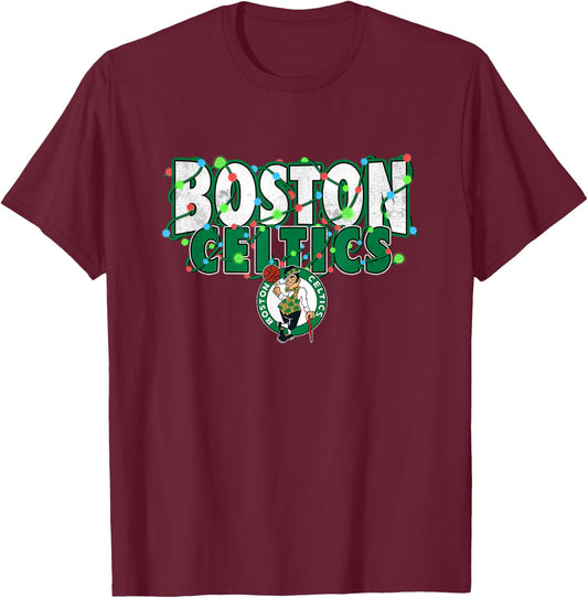 NBA Boston Celtics Christmas Lights Holiday Logo T-Shirt - T-Shirt | Maroon
