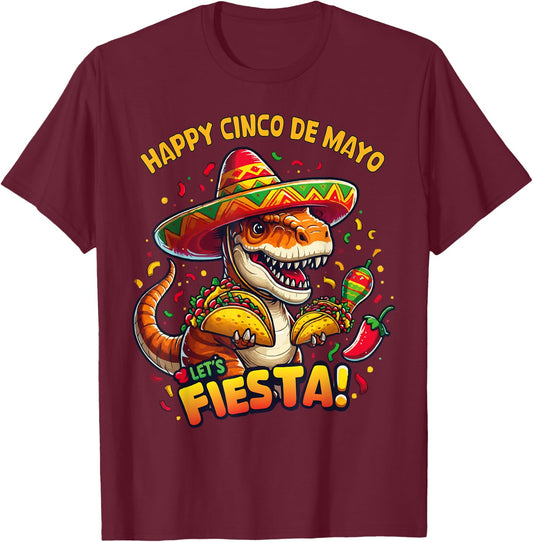 Cinco De Mayo Funny Dinosaur Holding Taco Let's Fiesta Party T-Shirt - T-Shirt | Maroon