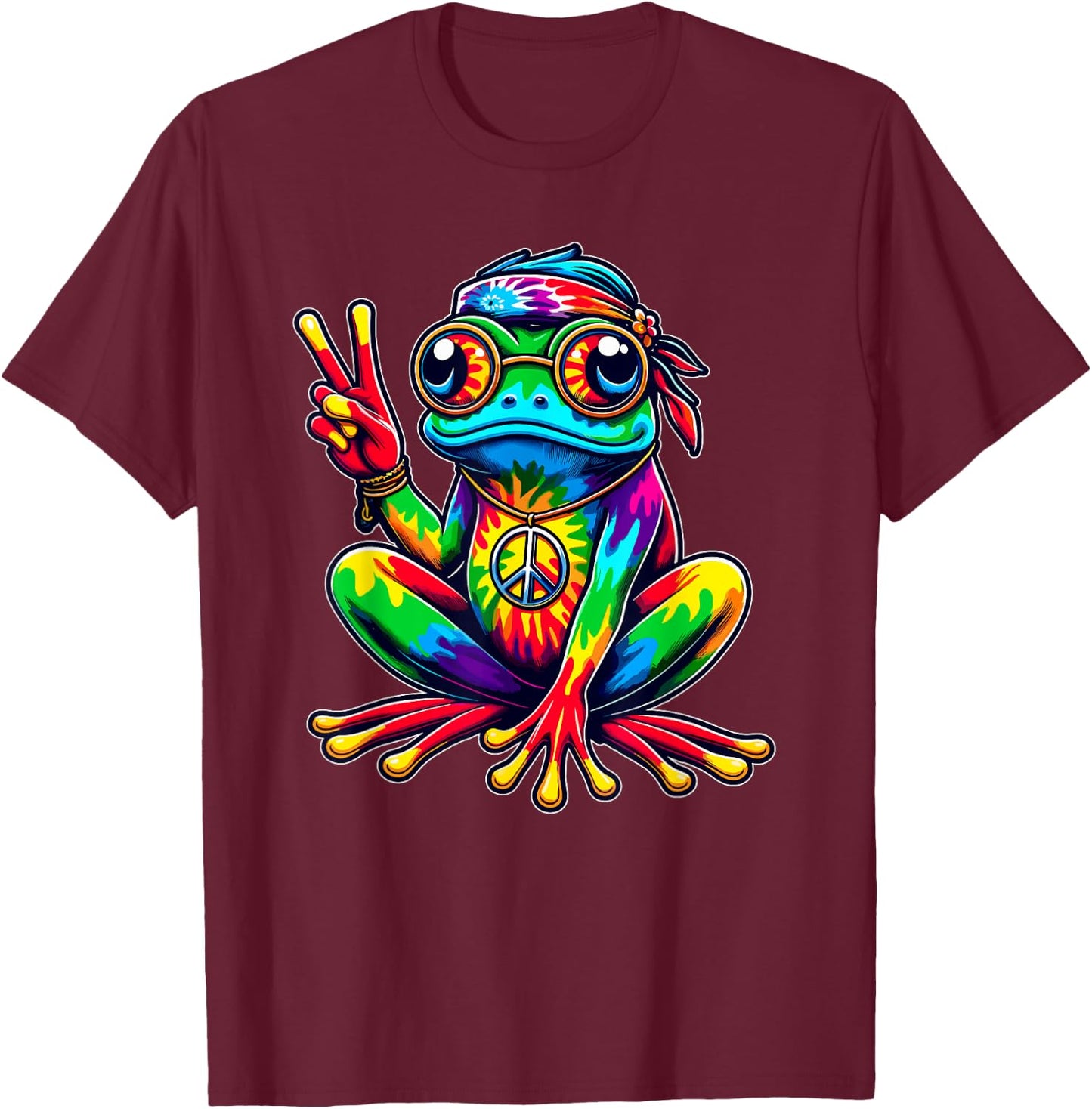 Hippie Tie-Dye Frog, 60s Party & 70s Costume, Peace Sign T-Shirt - T-Shirt | Maroon
