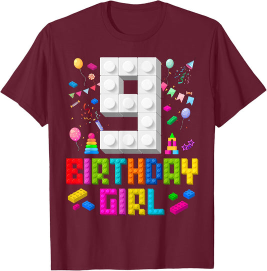 9th Birthday Girl Master Builder 9 Years Old Building Block T-Shirt - T-Shirt | Maroon