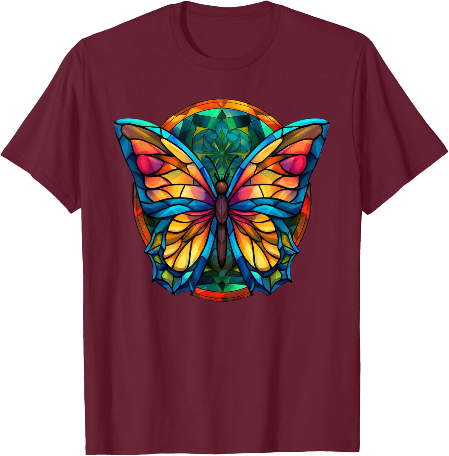 Stained Glass Window Butterfly Art T-Shirt - T-Shirt | Maroon