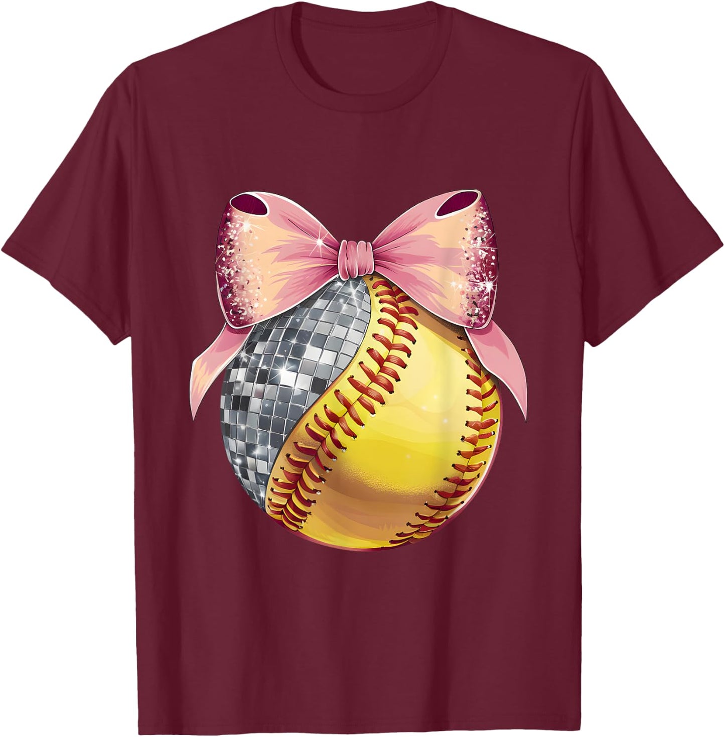 Cute Coquette Bow Disco Ball Softball Player Game Day Mom T-Shirt - T-Shirt | Maroon