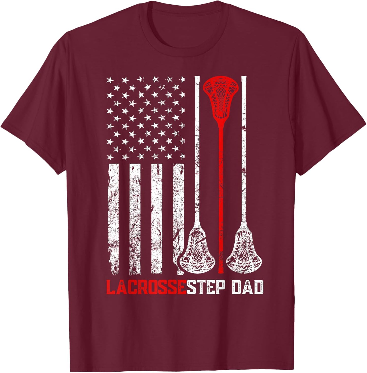 Vintage Lacrosse Step Dad USA Flag Patriotic Family Matching T-Shirt - T-Shirt | Maroon