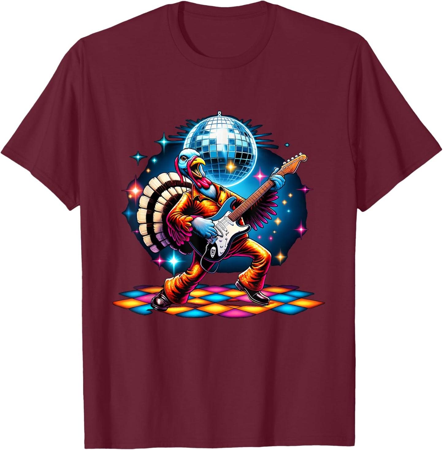 Disco Ball Guitar Turkey T-Shirt - T-Shirt | Maroon