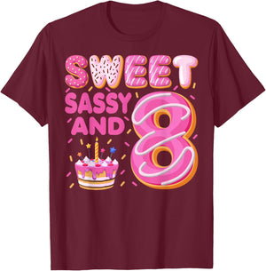 Sweet Sassy And 8 Donut Doughnut 8 Years Old 8th Birthday T-Shirt - T-Shirt | Maroon