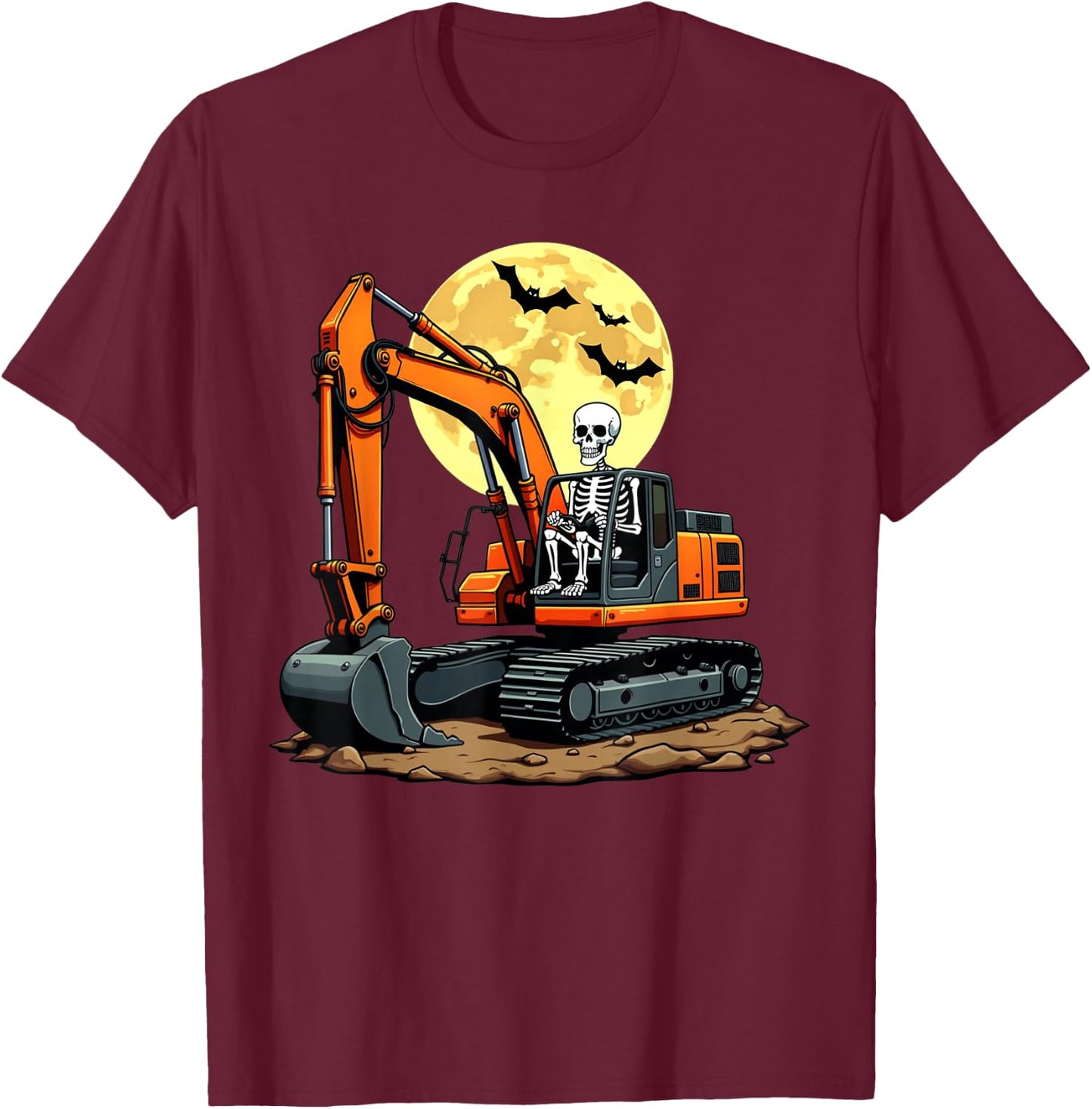 Funny Skeleton Driving Excavator Halloween Construction Kids T-Shirt - T-Shirt | Maroon