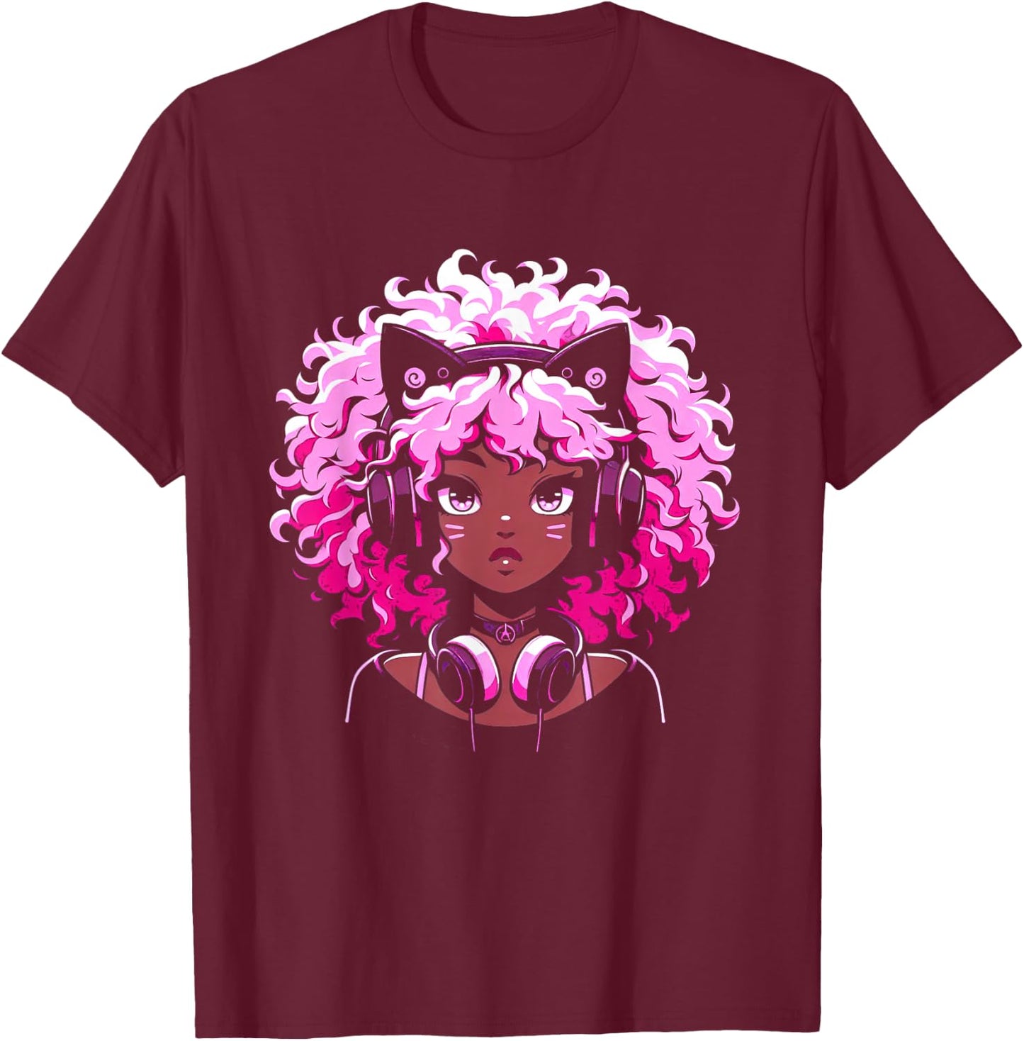 Anime and Music Black Girl Anime Merch Afro African American T-Shirt - T-Shirt | Maroon