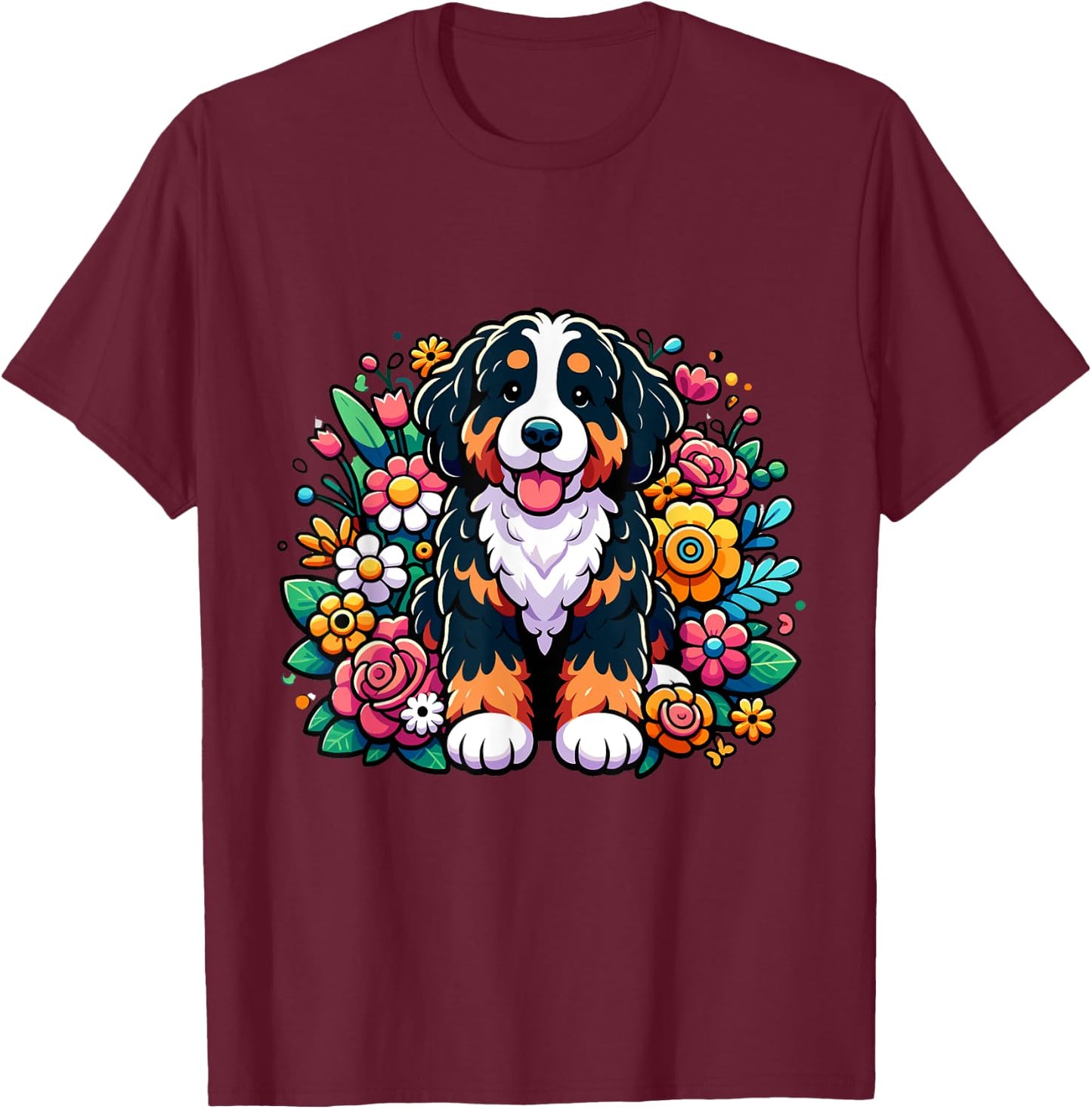 Cute Cartoon Style Bernedoodle Colorful Flower Floral T-Shirt - T-Shirt | Maroon