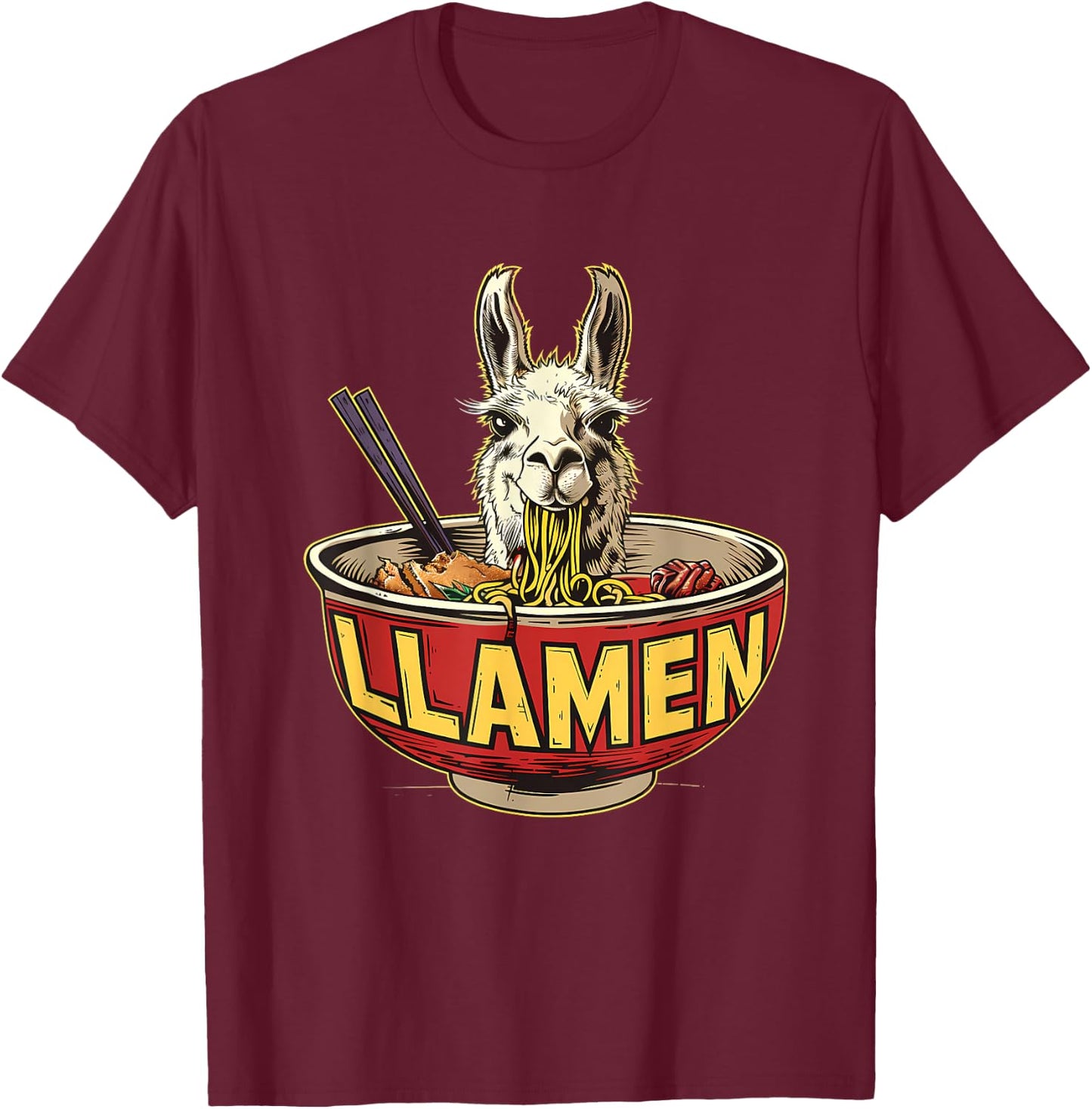 Llama Ramen Llama Ramen Bowl Funny Llama Eating Ramen T-Shirt - T-Shirt | Maroon