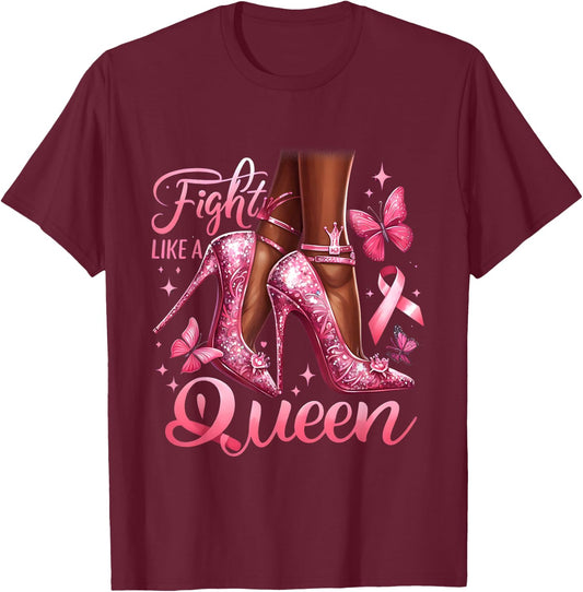 Fight Like A Queen Breast Cancer Awareness Black Woman Queen T-Shirt - T-Shirt | Maroon