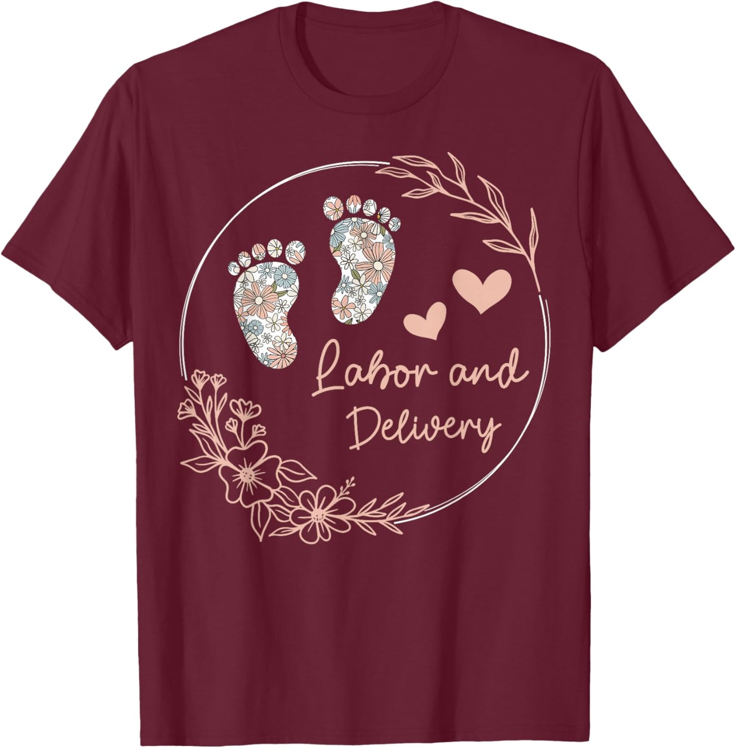 Funny Labor and Delivery Nurse Co - Women's Retro Floral Nursing Shirt - Black, Small - Short Sleeve T-Shirt - T-Shirt | Maroon