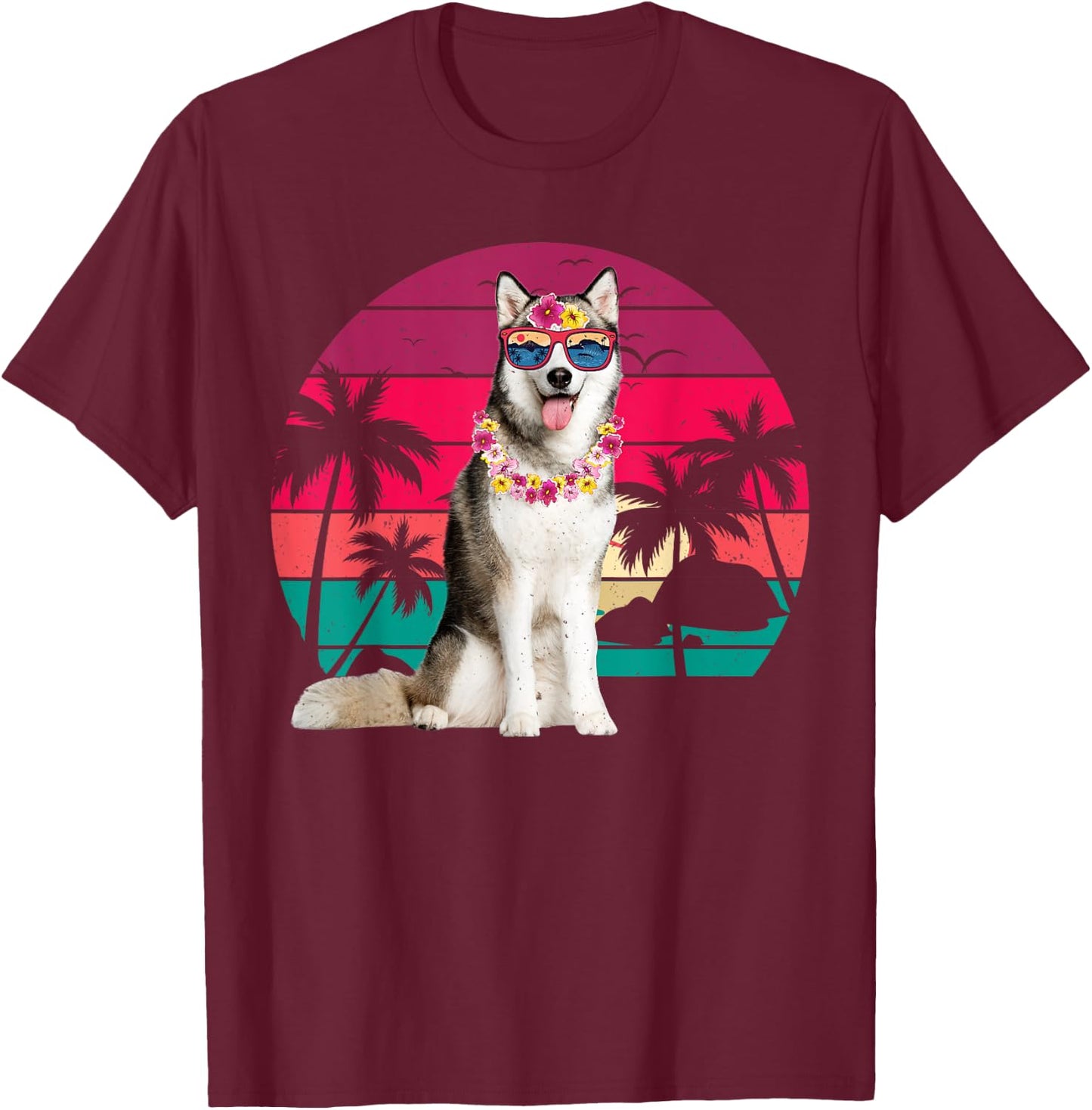Retro Hawaiian Husky Dog Tropical Palm Trees Summer Vibes Women Kids T-Shirt - T-Shirt | Maroon