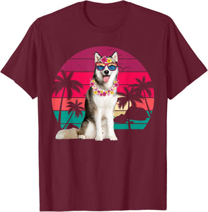 Retro Hawaiian Husky Dog Tropical Palm Trees Summer Vibes Women Kids T-Shirt - T-Shirt | Maroon