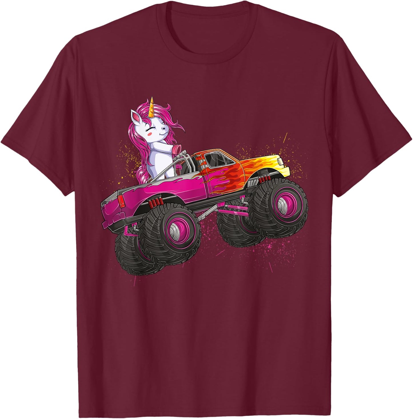 Cute Unicorn Riding Monster Truck Lovers Girls Kids Women T-Shirt - T-Shirt | Maroon