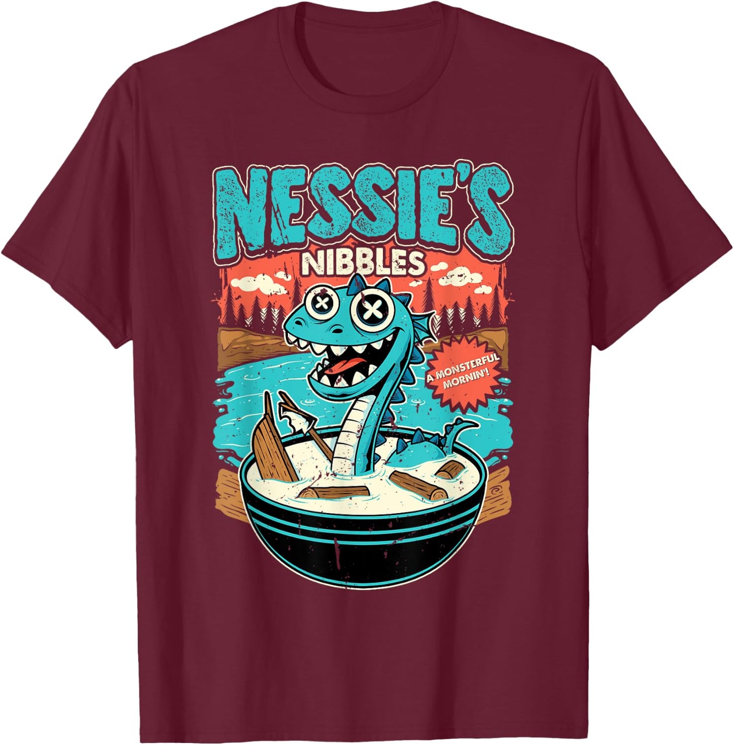 Nessie’s Nibbles Cereal Design Loch Ness Monster Parody T-Shirt - T-Shirt | Maroon