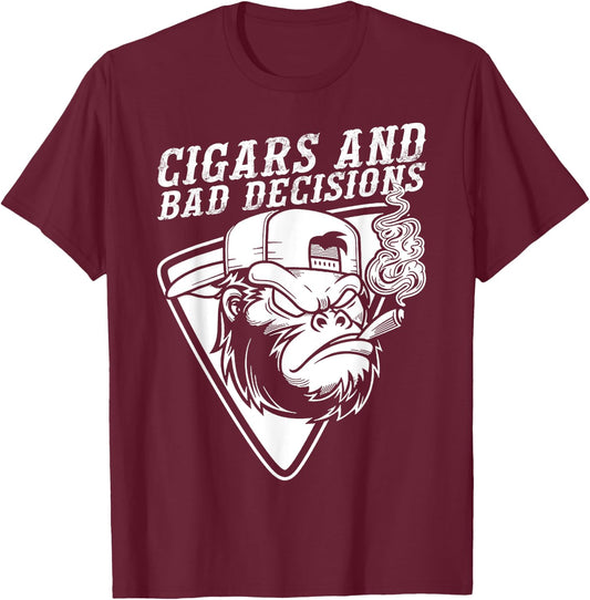 Funny Monkey Cigars And Bad Decisions T-Shirt - T-Shirt | Maroon