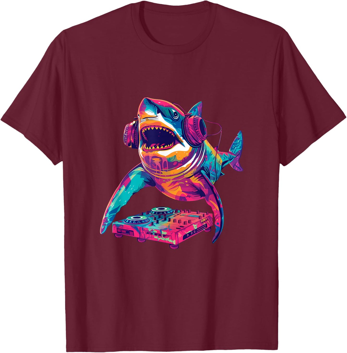 Party Shark Disco DJ with headphones turntable artwork T-Shirt - T-Shirt | Maroon