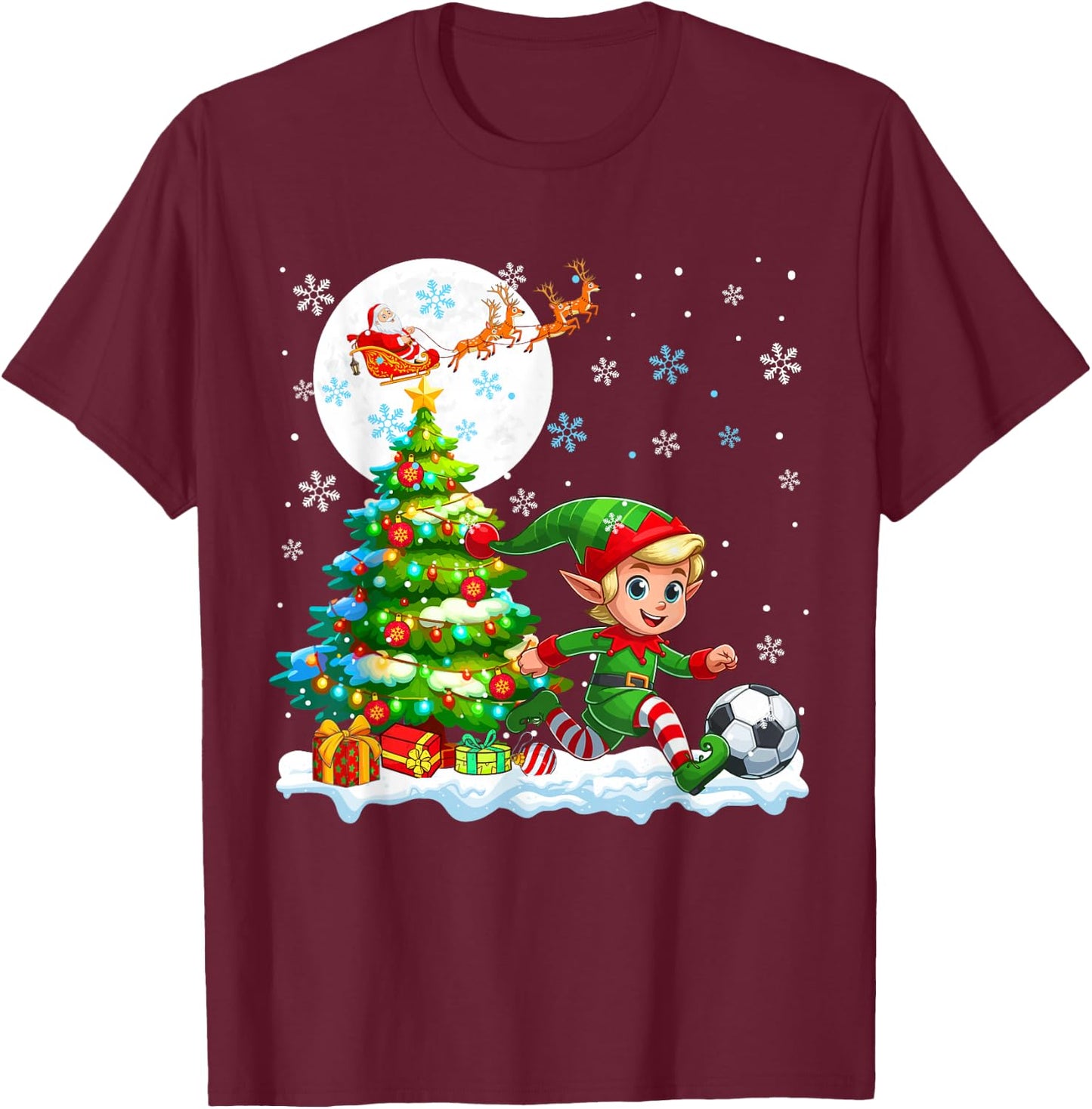 Elf Playing Soccer Christmas Tree Colorful Costume Player T-Shirt - T-Shirt | Maroon