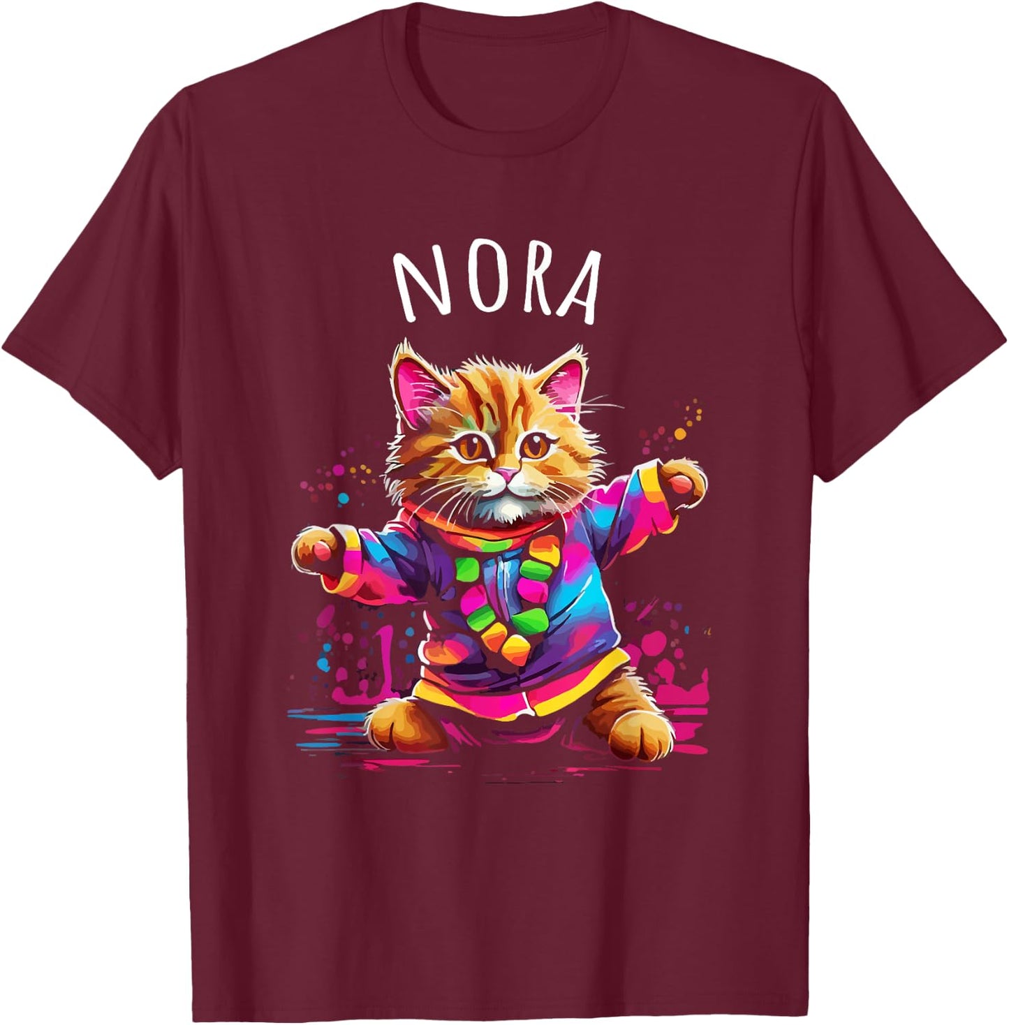 Nora Colorful Dancing Cat Design for Girls Name Nora T-Shirt - T-Shirt | Maroon