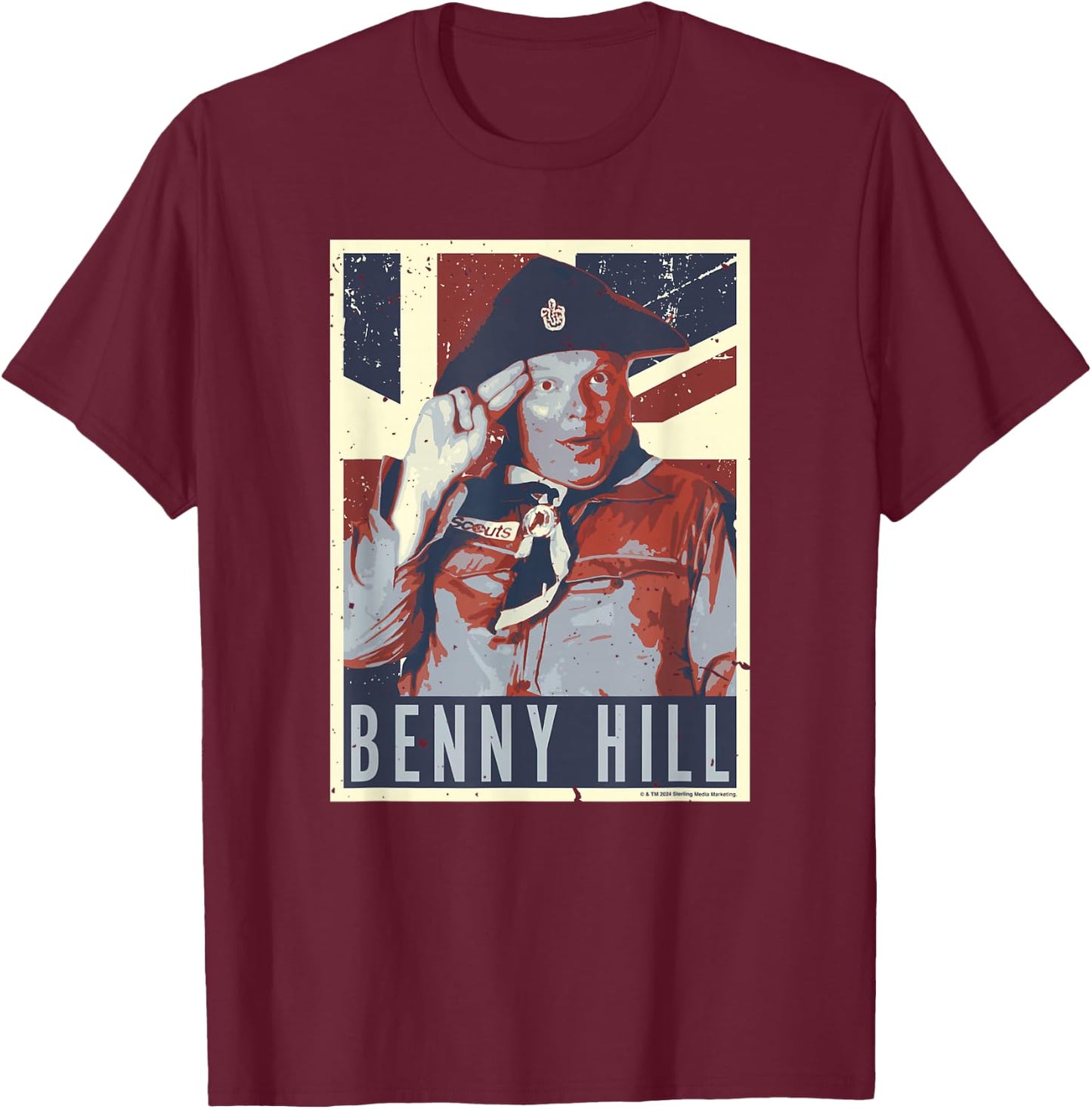 Benny Hill Cub Scout Salute Union Jack Flag Art T-Shirt - T-Shirt | Maroon