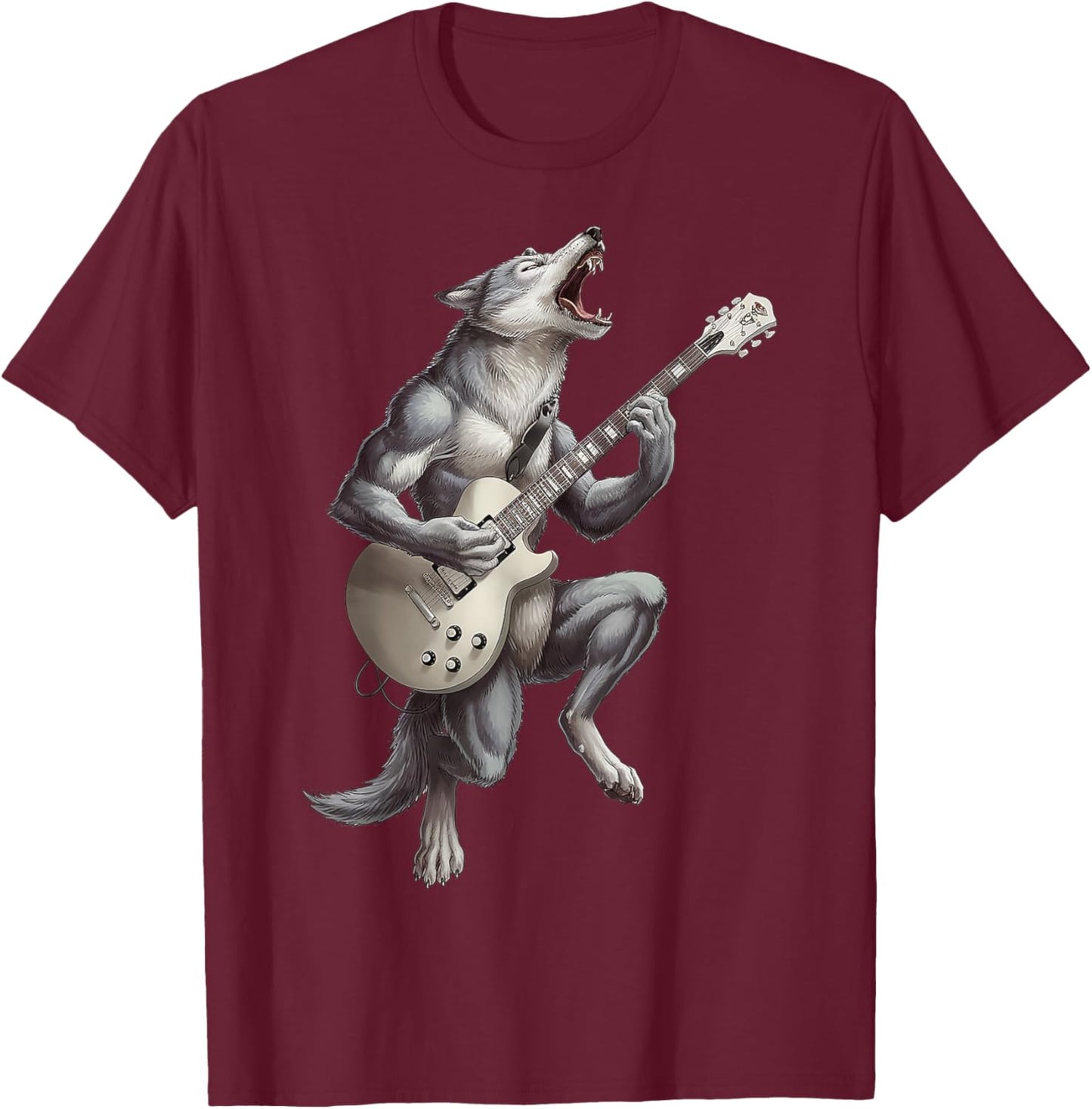 Wolf Playing Guitar Rock Star Funny Gifts Women Kids T-Shirt - T-Shirt | Maroon