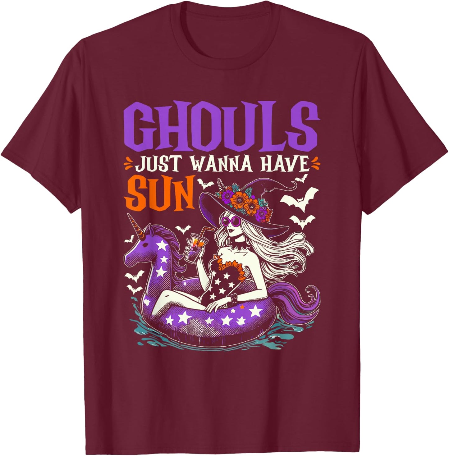 Summerween Summer Halloween Unicorn Float Witch Ghoul T-Shirt - T-Shirt | Maroon