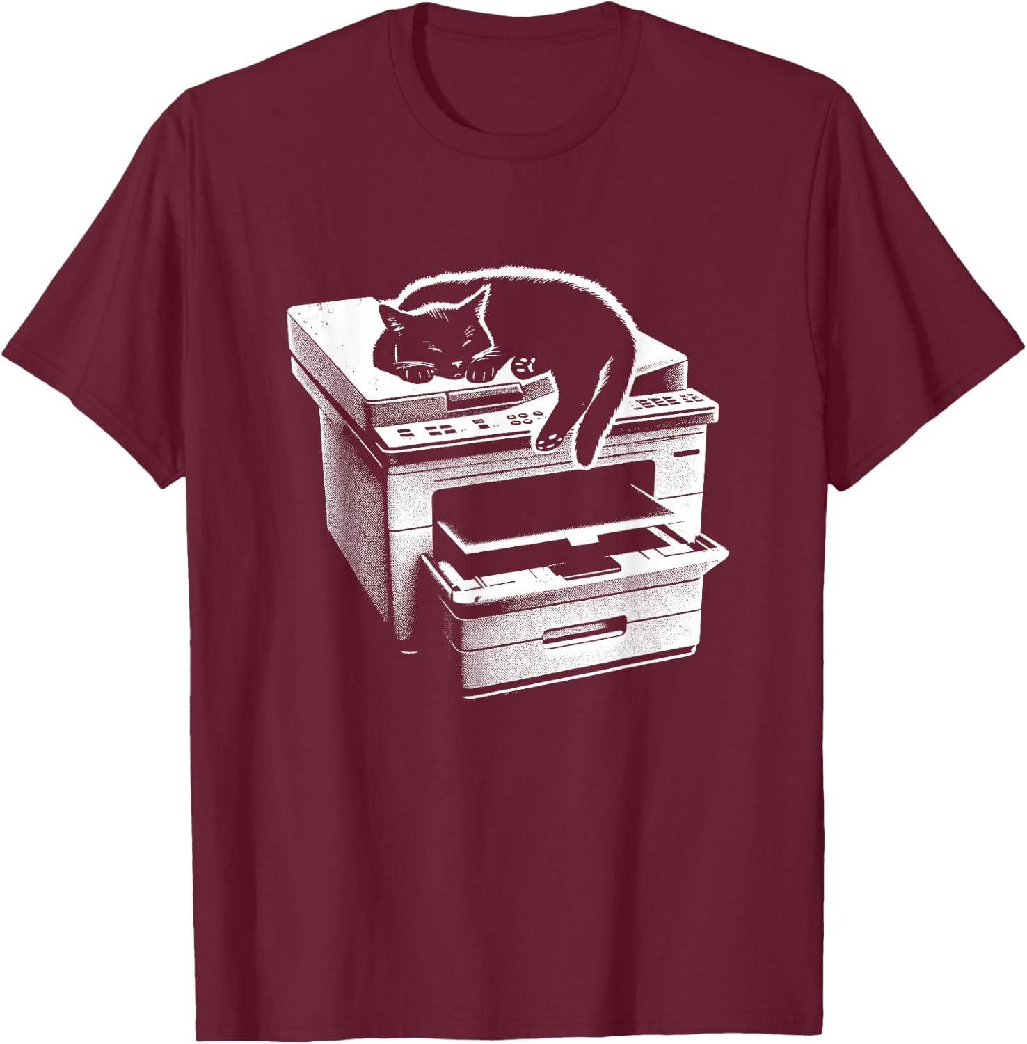 Office Cat Sleeping On Printer - Cute Cat Kitten Lover T-Shirt - T-Shirt | Maroon