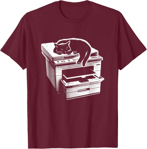 Office Cat Sleeping On Printer - Cute Cat Kitten Lover T-Shirt - T-Shirt | Maroon