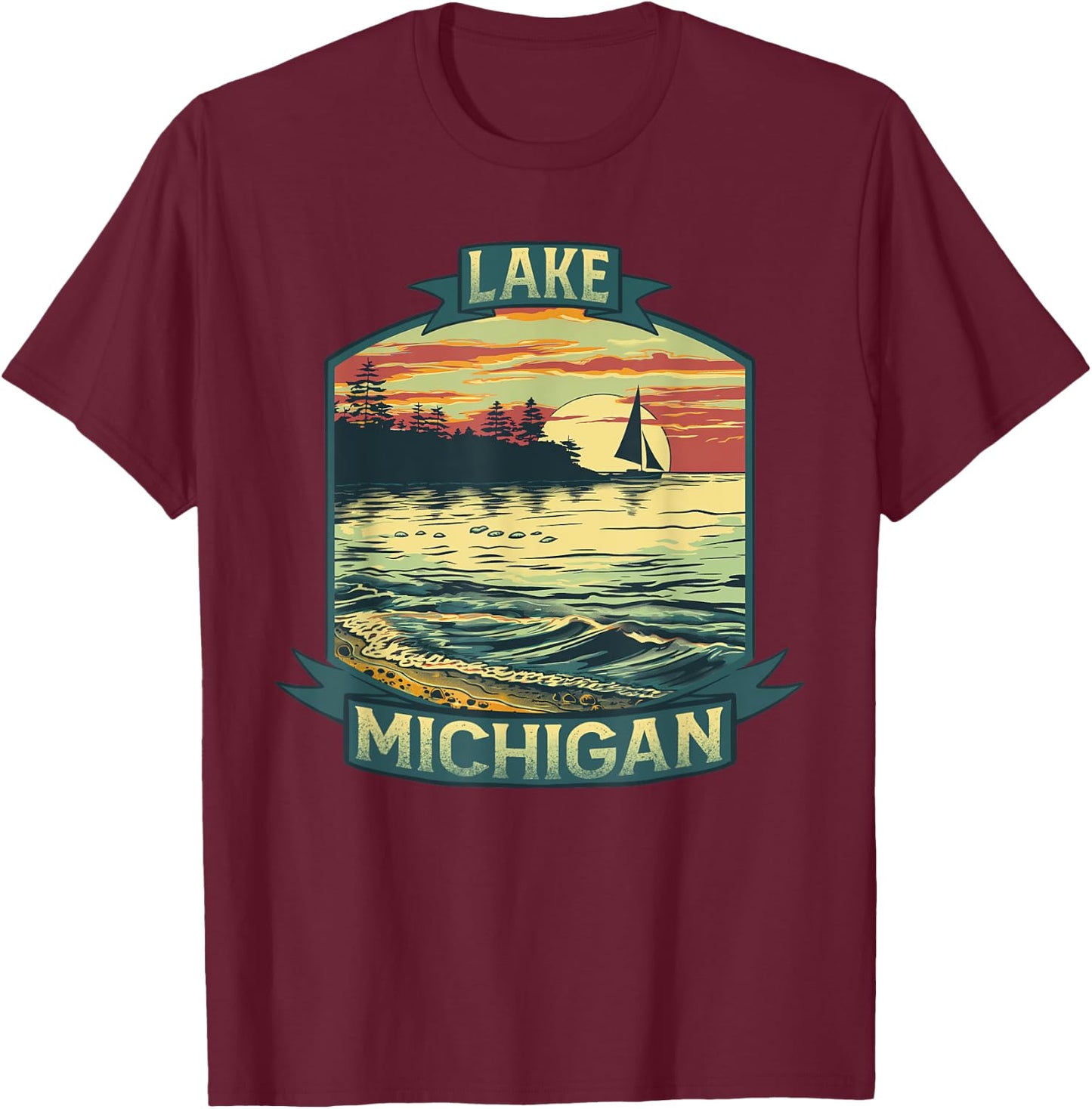 Lake Michigan USA Unsalted Shark Free Vintage Outdoors Retro T-Shirt - T-Shirt | Maroon