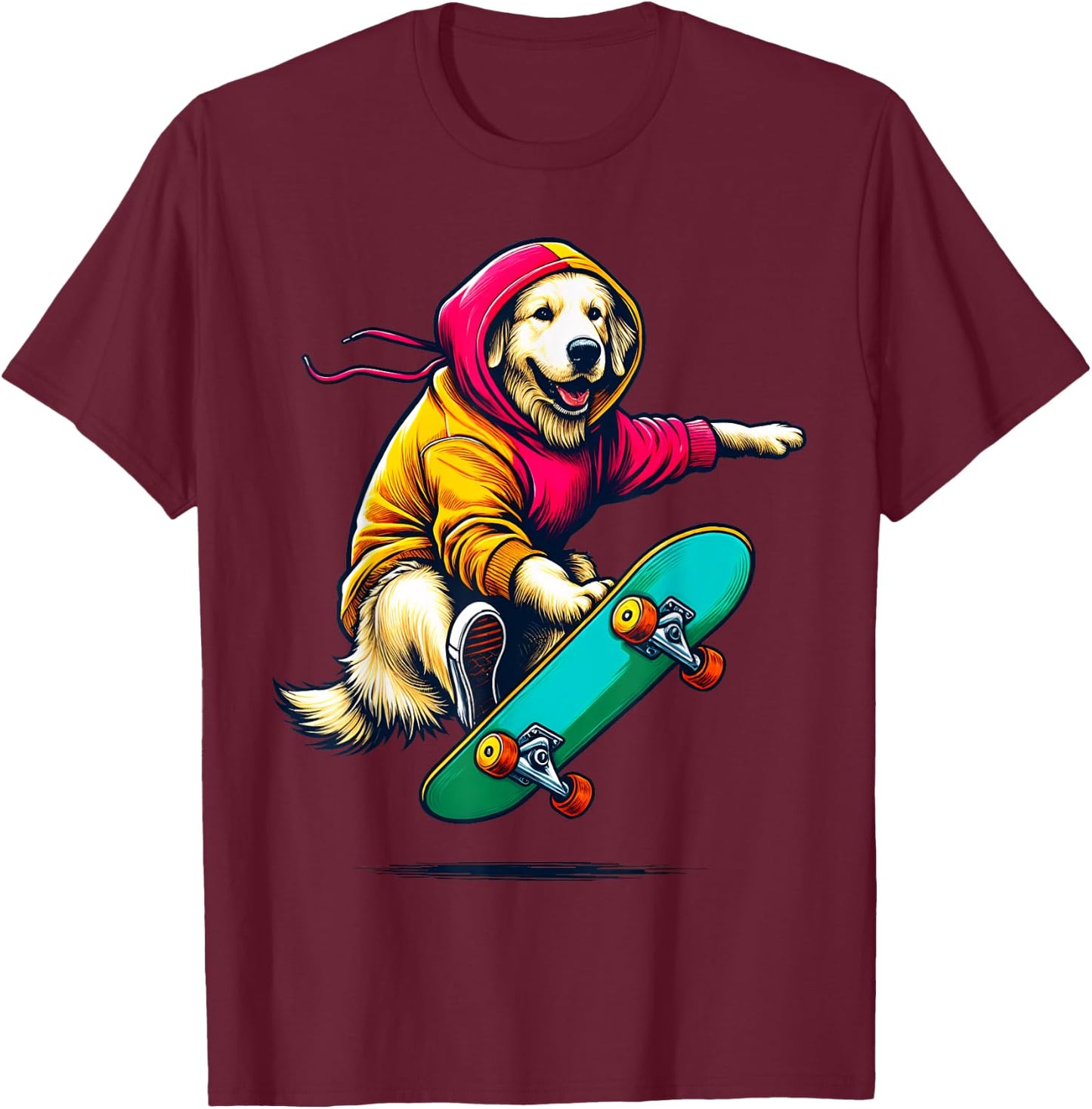Cool Golden Retriever Dog Skateboarding Illustration Art T-Shirt - T-Shirt | Maroon