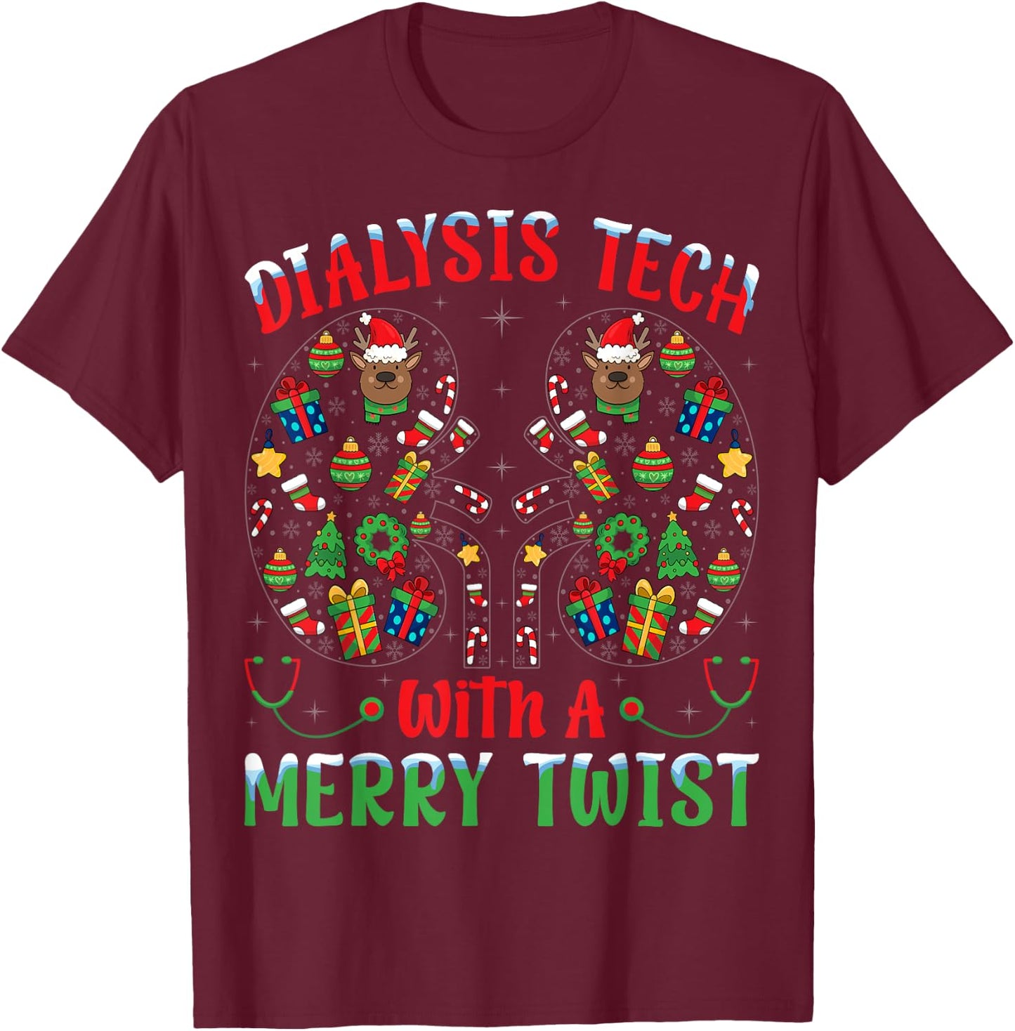 Dialysis Tech With A Merry Twist - Nephrology Tech Christmas T-Shirt - T-Shirt | Maroon