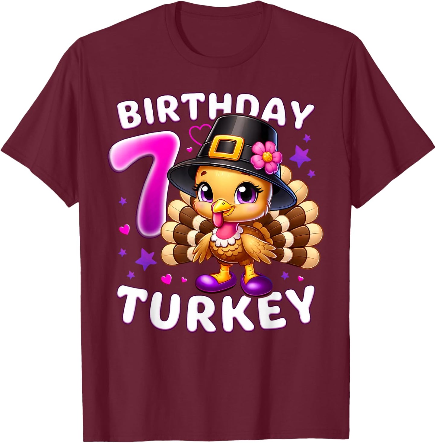 Girls 7th Birthday Thanksgiving Turkey T-Shirt - T-Shirt | Maroon