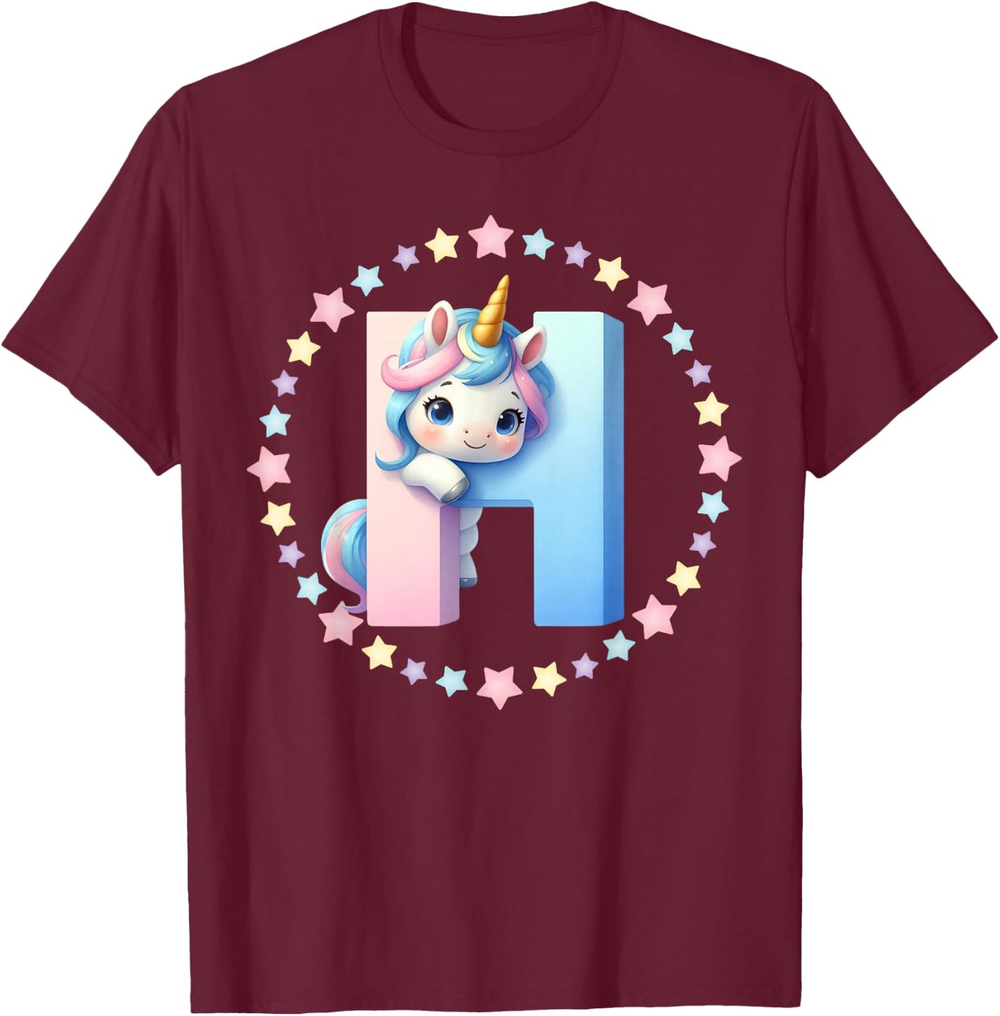Unicorn Letter H Initial Rainbow Monogram Women Girls Kids T-Shirt - T-Shirt | Maroon
