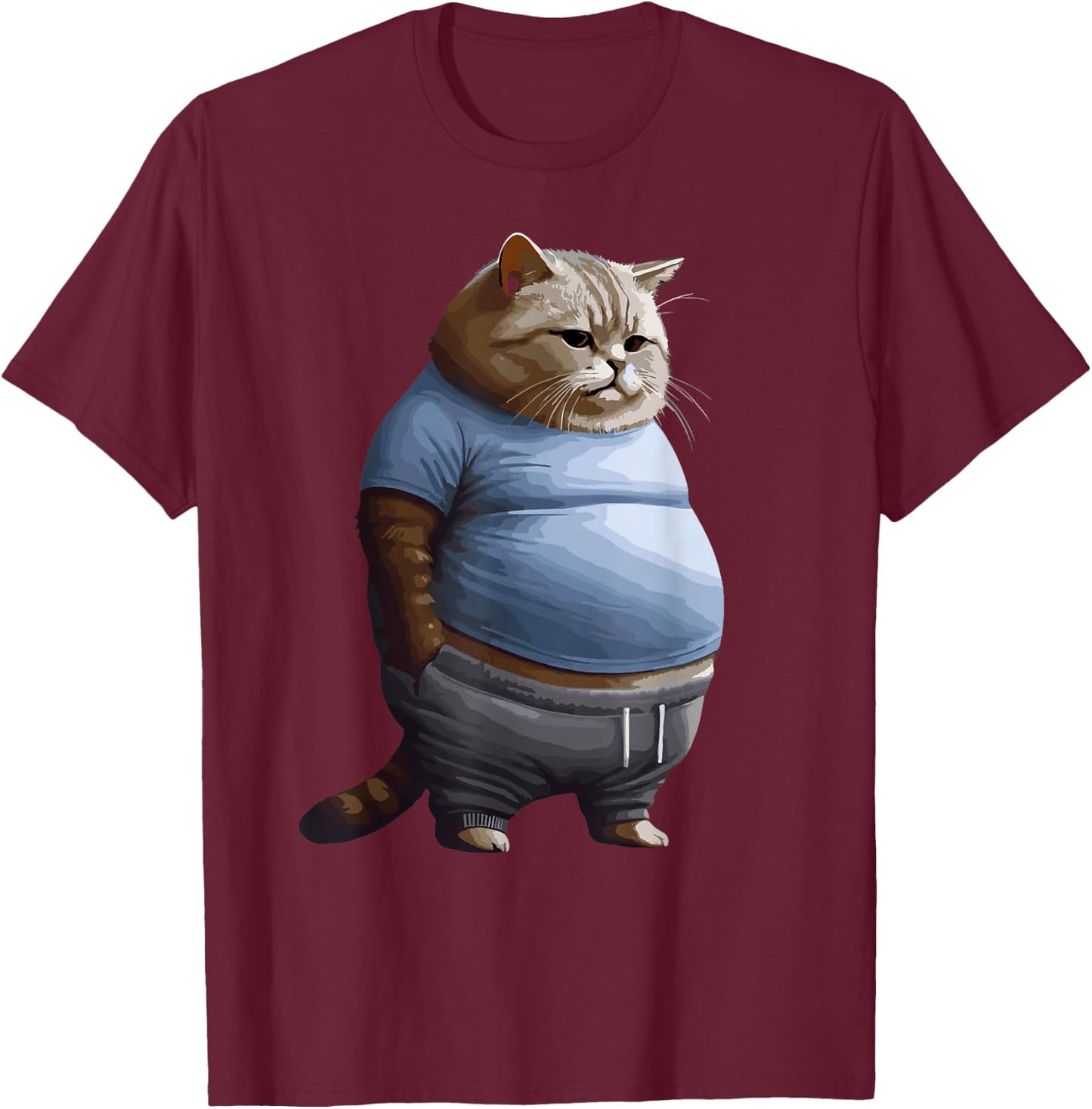 Funny Fat Sad Cat Art Design Fat Kitten Cat Lover Fat Cat T-Shirt - T-Shirt | Maroon