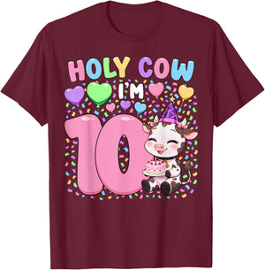 Farm Animal Cow Girls 10th Birthday Shirt | Holy Cow I'm 10 T-Shirt - T-Shirt | Maroon