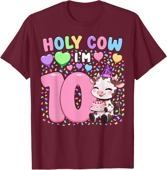 Farm Animal Cow Girls 10th Birthday Shirt | Holy Cow I'm 10 T-Shirt - T-Shirt | Maroon