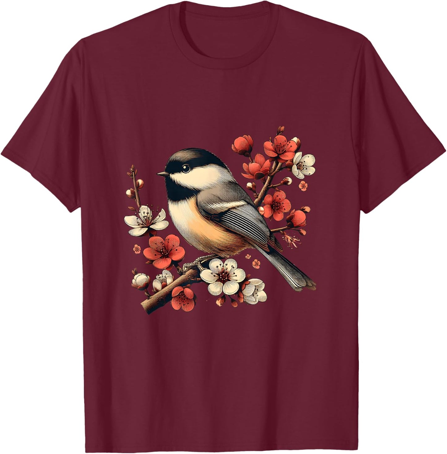 Bird Watching Nature Animal Vintage Blossom Chickadee T-Shirt - T-Shirt | Maroon