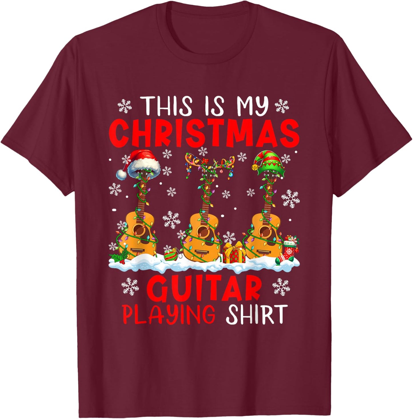 My Christmas Guitar Playing Shirt Three Santa Instruments T-Shirt - T-Shirt | Maroon